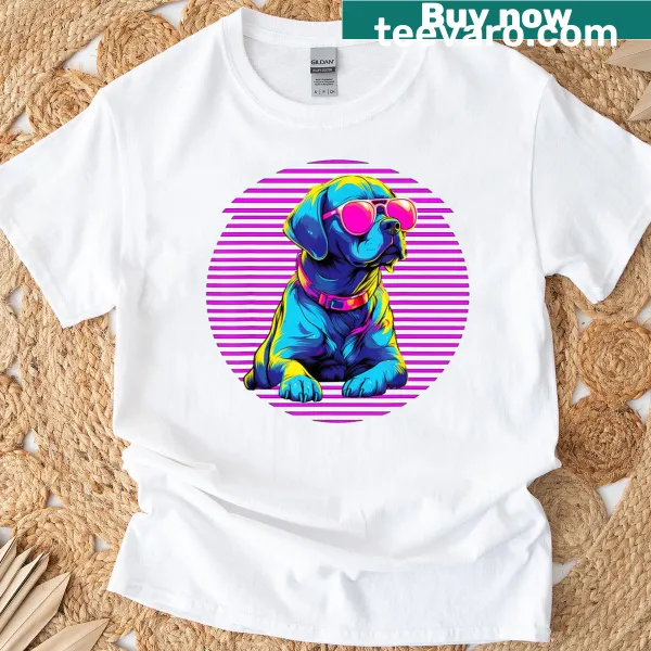 Vintage-style T-shirt celebrating Labradors in a synthwave design