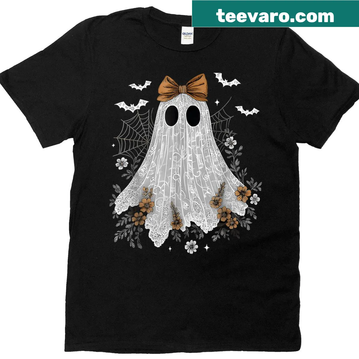 Vintage Lace Ghost Halloween t-shirt with bow design — on a men's t-shirt
