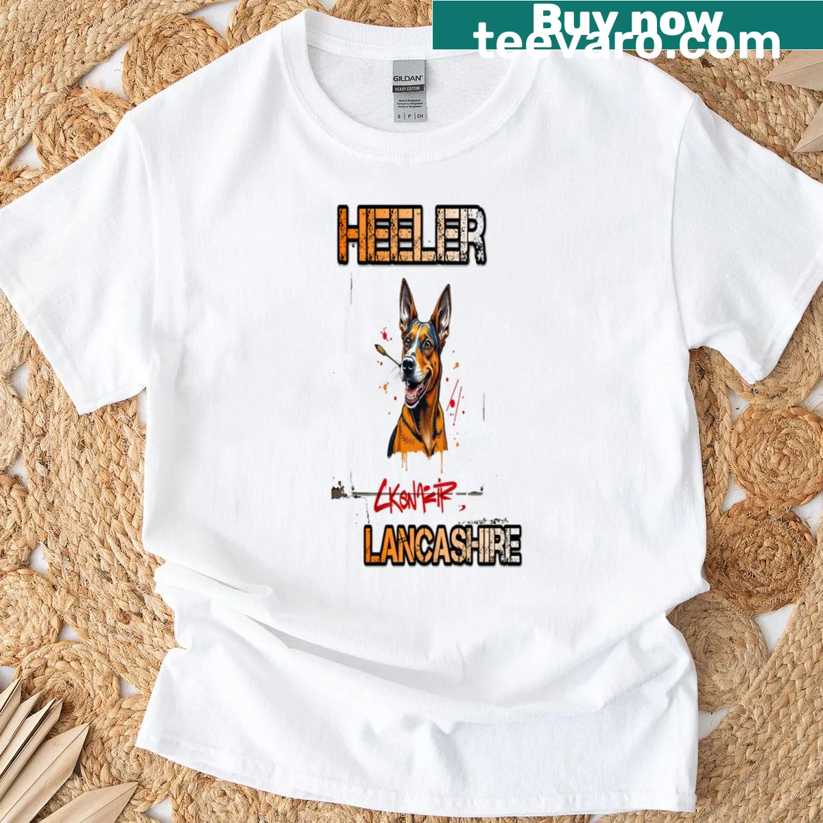 Graffiti-style t-shirt featuring a Lancashire Heeler dog — on a men's t-shirt