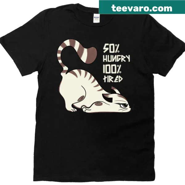 Cute T-shirt featuring a cartoon of a lazy cat