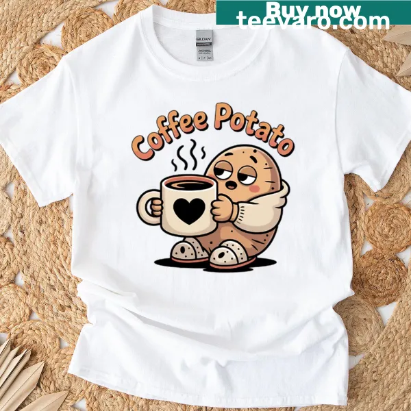 Cute oversized T-shirt featuring a cartoon potato with bunny slippers