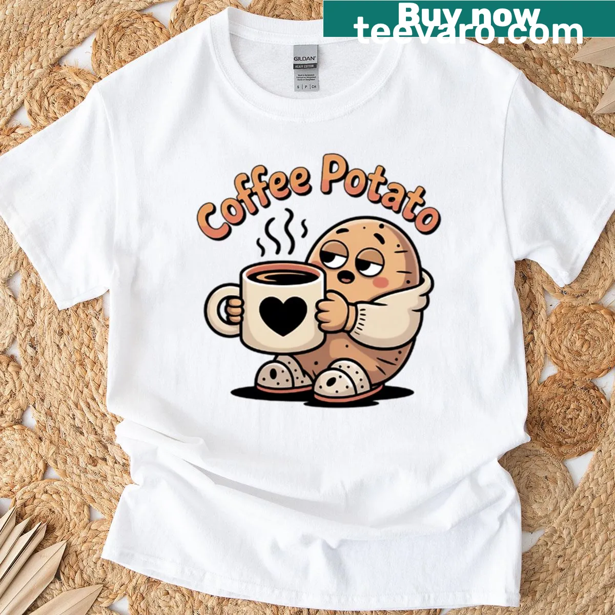 Cute oversized T-shirt featuring a cartoon potato with bunny slippers — on a men's t-shirt