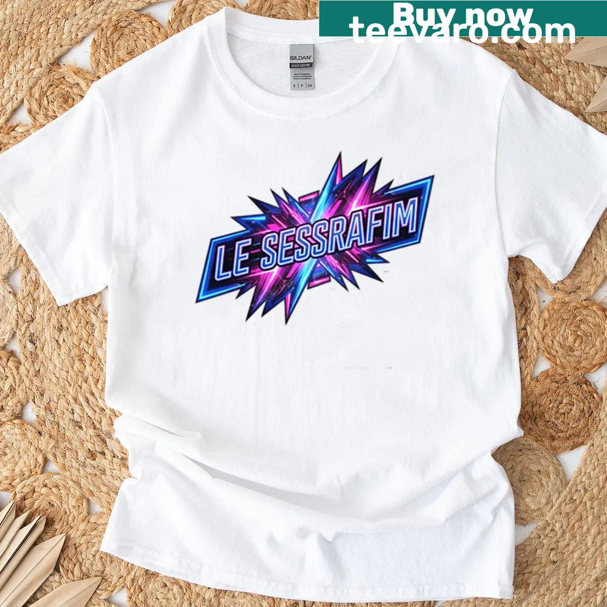 Graphic t-shirt featuring Le Sserafim design — on a men's t-shirt