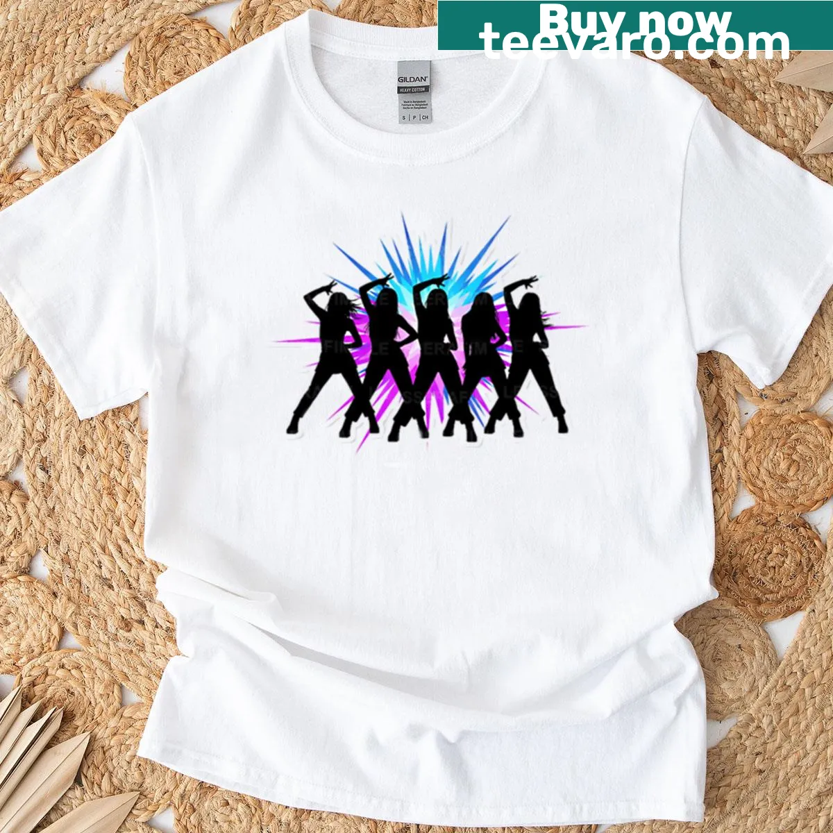 Vibrant illustration of Le Sserafim on a t-shirt — on a men's t-shirt