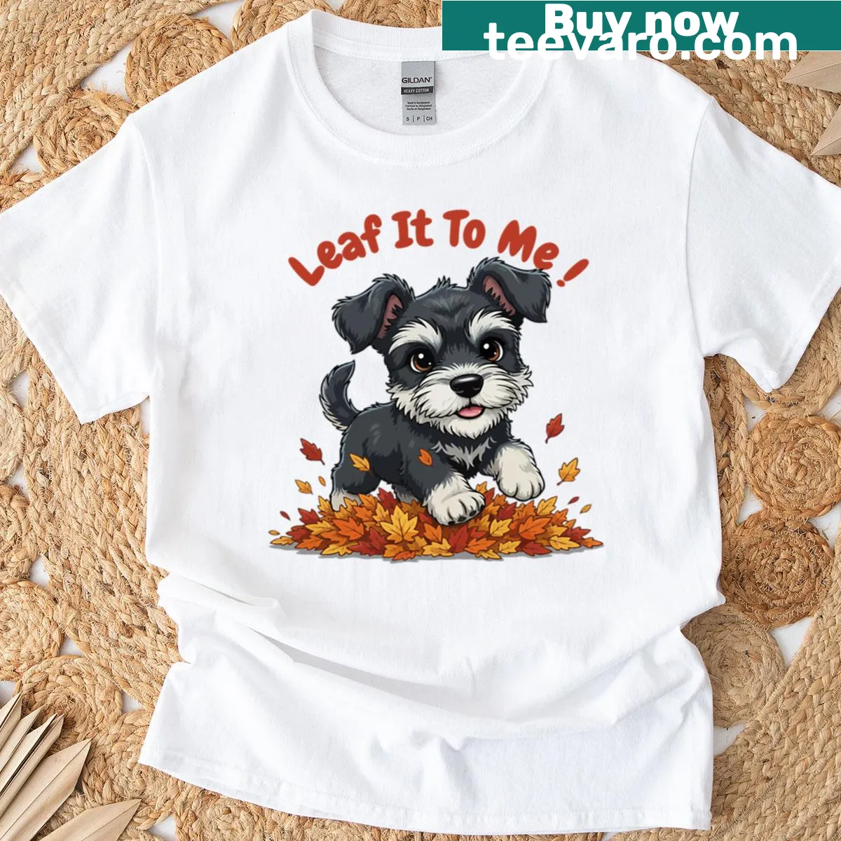 Cute t-shirt with Giant Schnauzer dog running in fall leaves — on a men's t-shirt