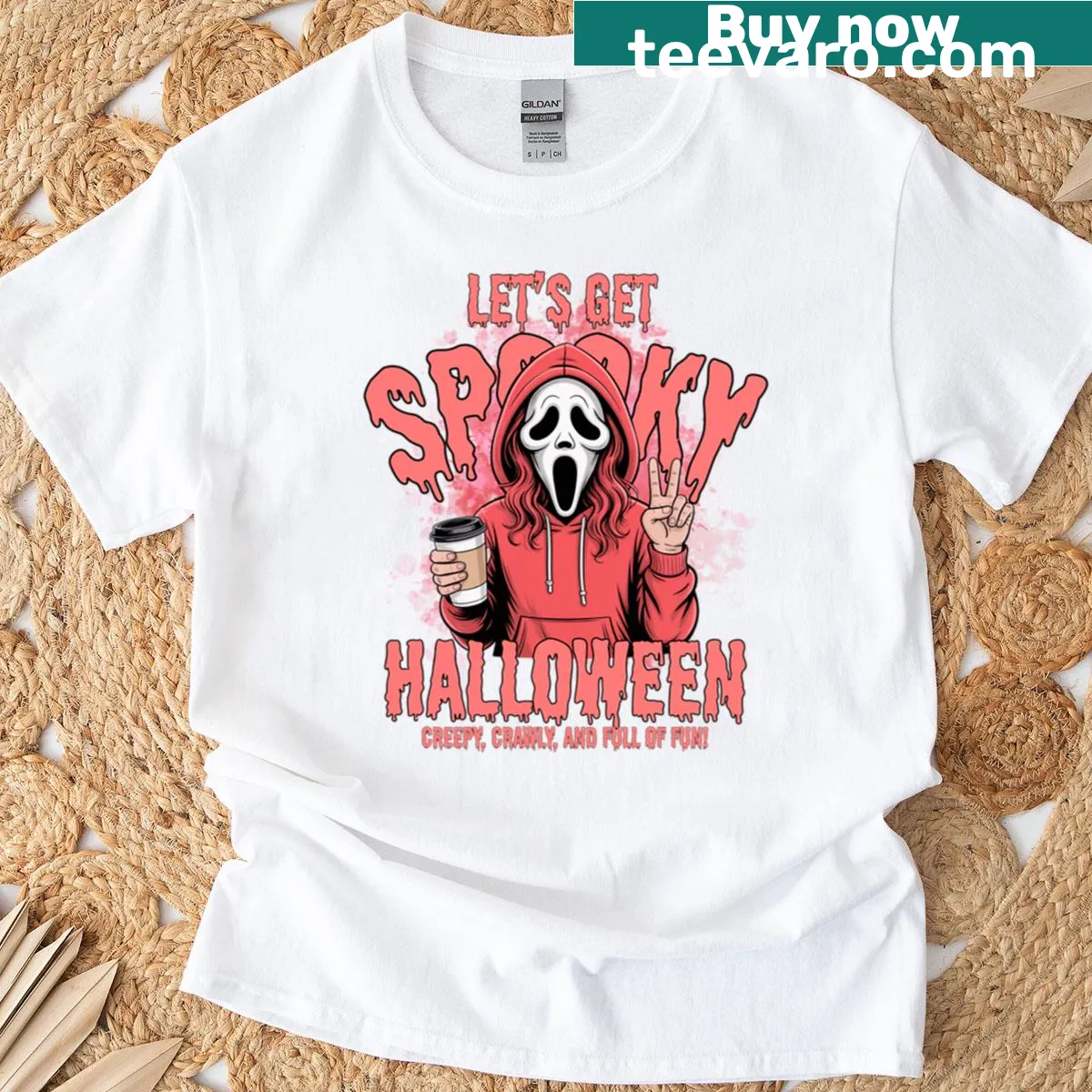 Halloween-themed T-shirt featuring a girl with creepy coffee design — on a men's t-shirt