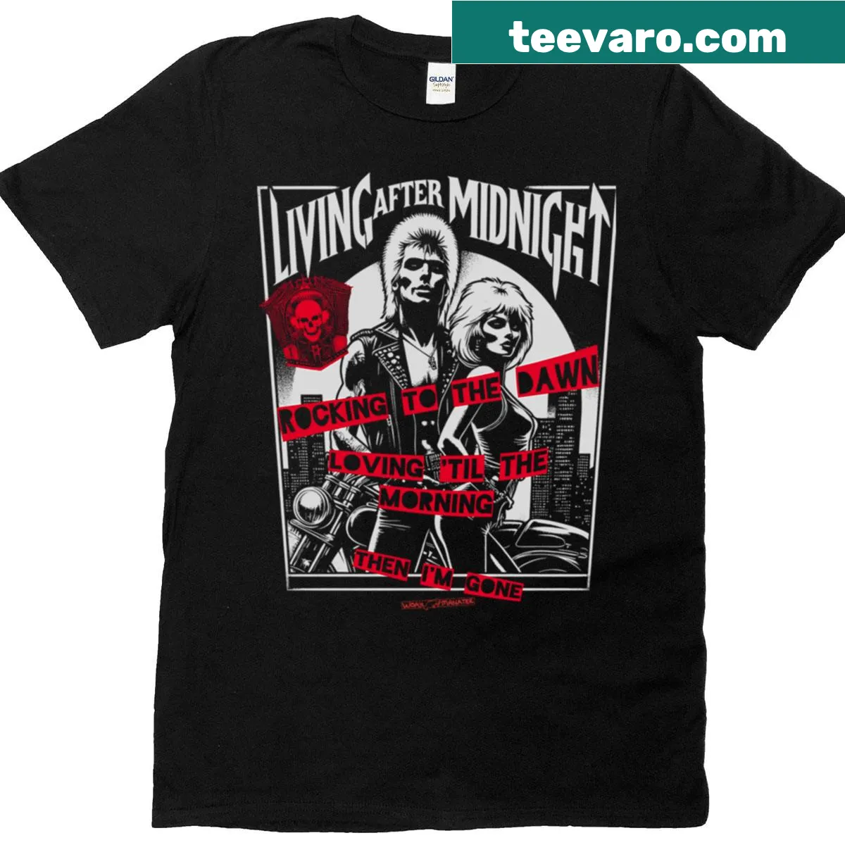 T-shirt with a phrase about living after midnight — on a men's t-shirt
