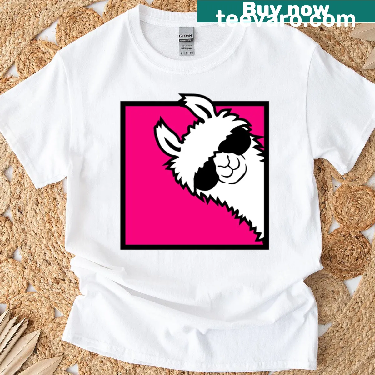 Cartoon llama wearing sunglasses peeking from a square on a t-shirt — on a men's t-shirt