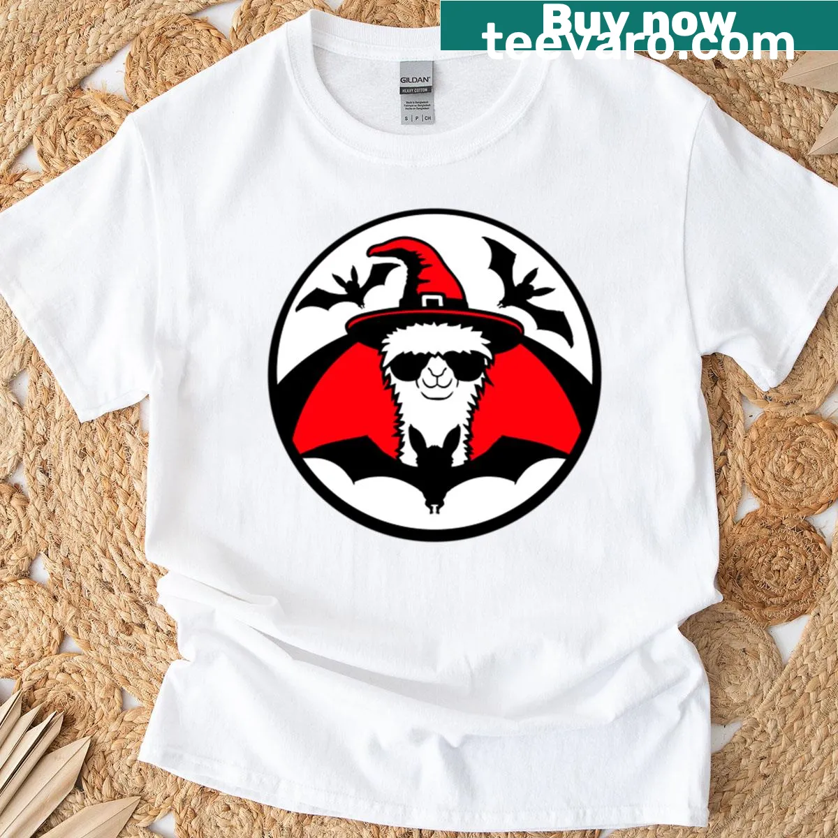 Whimsical t-shirt with a llama wearing a witch hat and bats — on a men's t-shirt