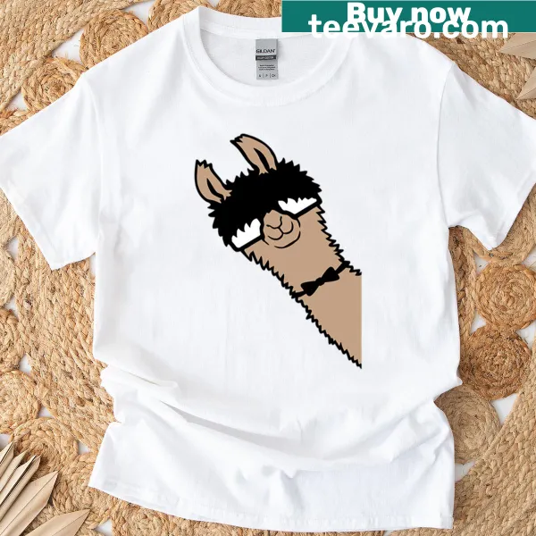 Cartoon alpaca with sunglasses and bow tie on T-shirt