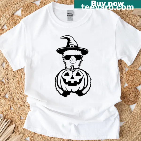 Cartoon llama in a witch hat and bat for Halloween on a t-shirt