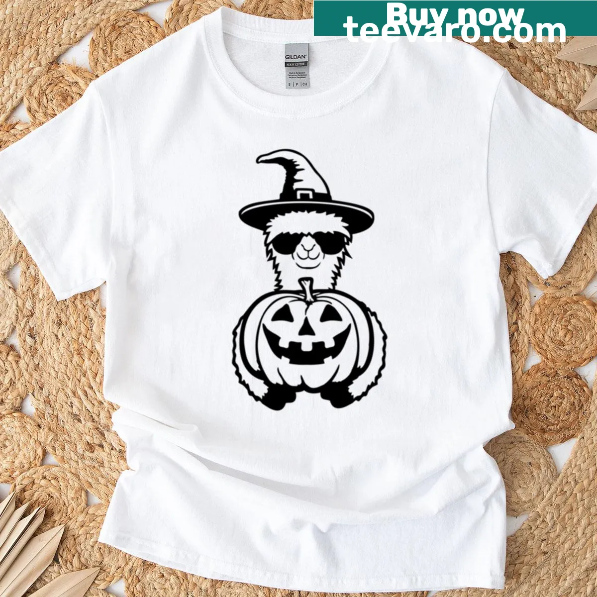 Cartoon llama in a witch hat and bat for Halloween on a t-shirt — on a men's t-shirt