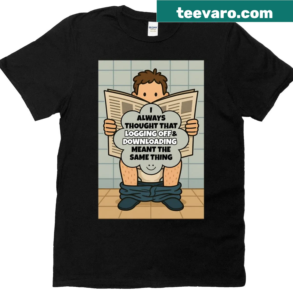 Playful graphic saying Logging Off Downloading on a T-shirt — on a men's t-shirt