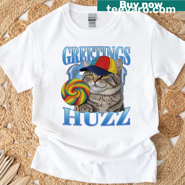 Funny cat meme T-shirt featuring a lollipop cat and humorous greetings
