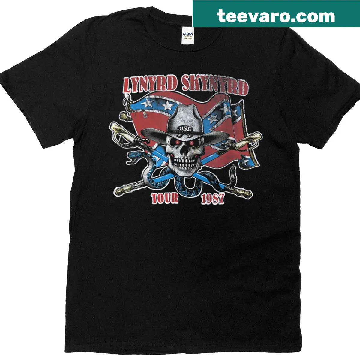 Vintage Lynyrd Skynyrd tour t-shirt with USA flag and band logo — on a men's t-shirt