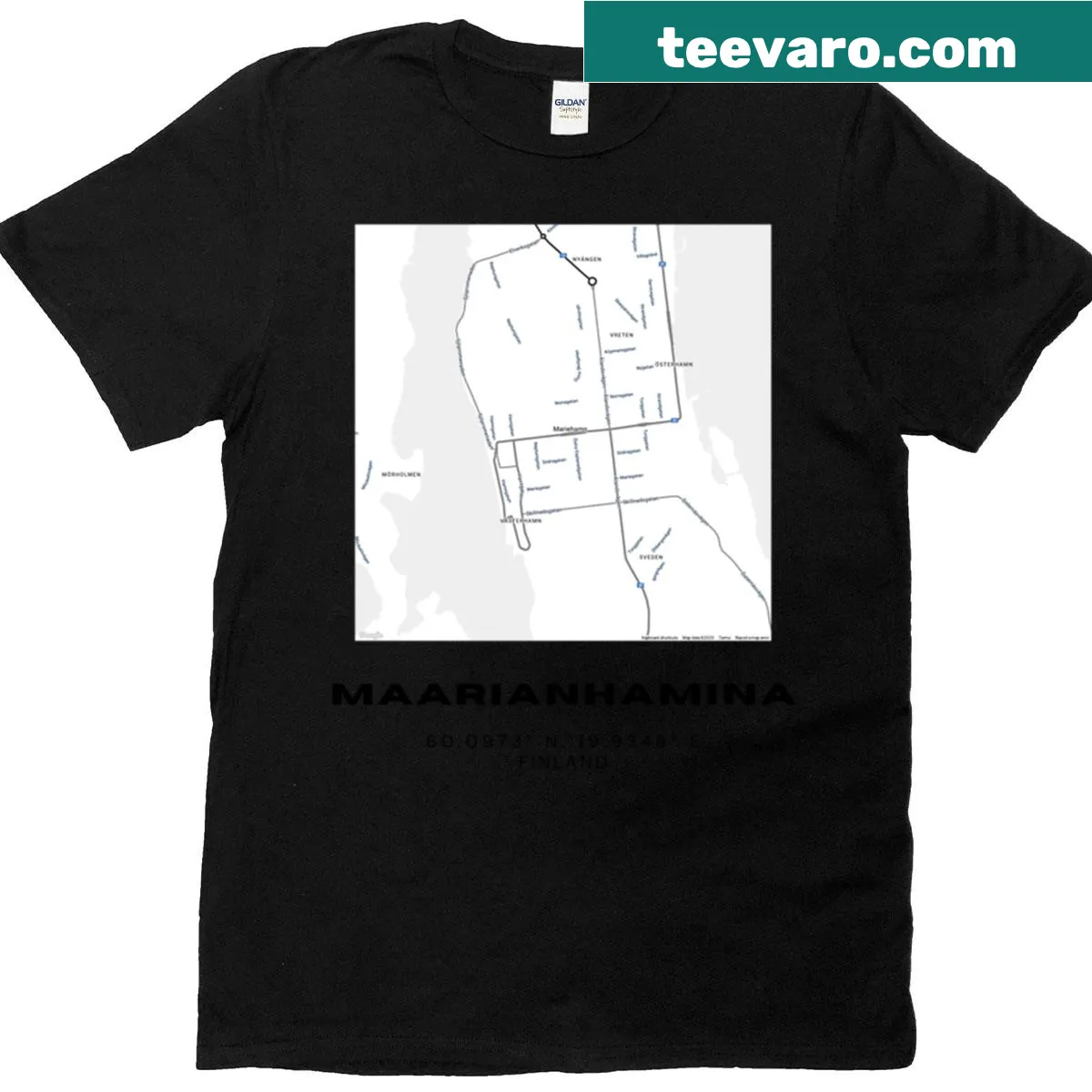 Minimalist map t-shirt showcasing Maarianhamina, Finland in line-art — on a men's t-shirt