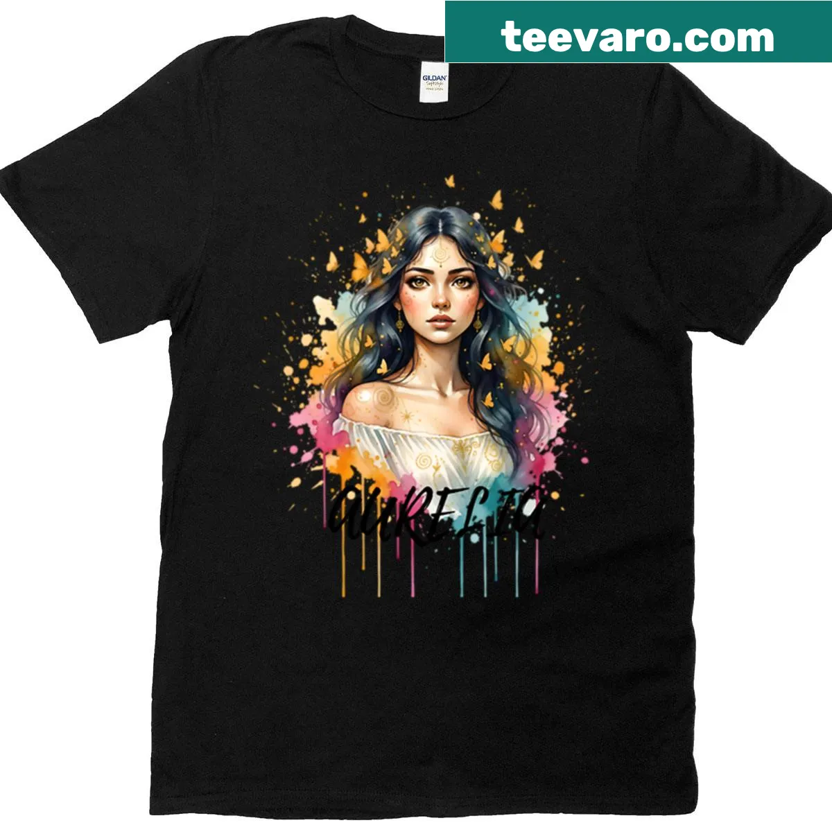 Watercolor T-shirt featuring a magical realism butterfly portrait — on a men's t-shirt