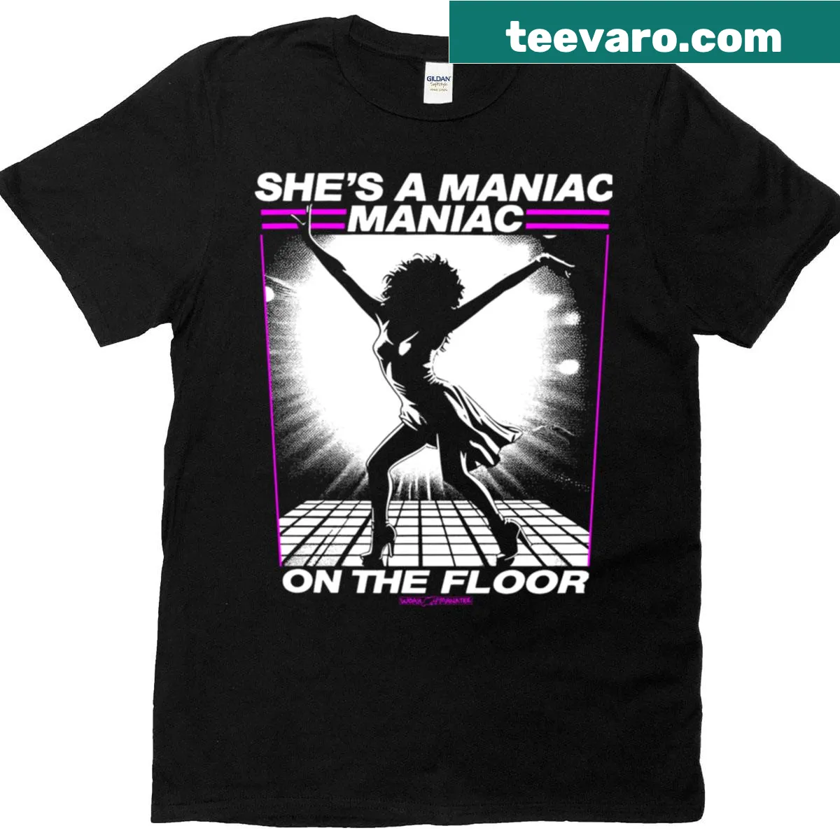 Bold 'Maniac On The Floor' t-shirt with striking typography — on a men's t-shirt