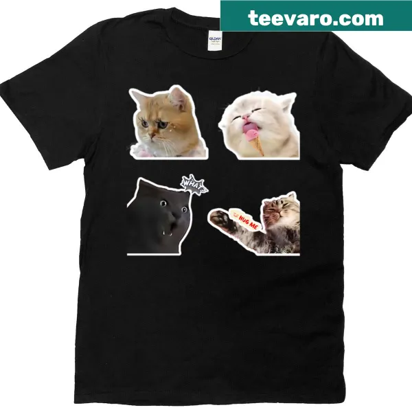 Oversized t-shirt with various funny cat meme graphics
