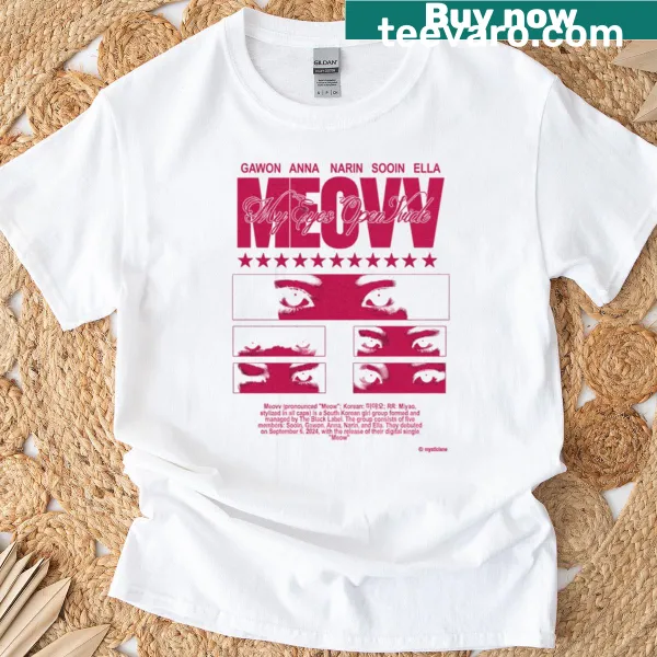 Merch T-shirt featuring the phrase 'Meovv' in a playful design