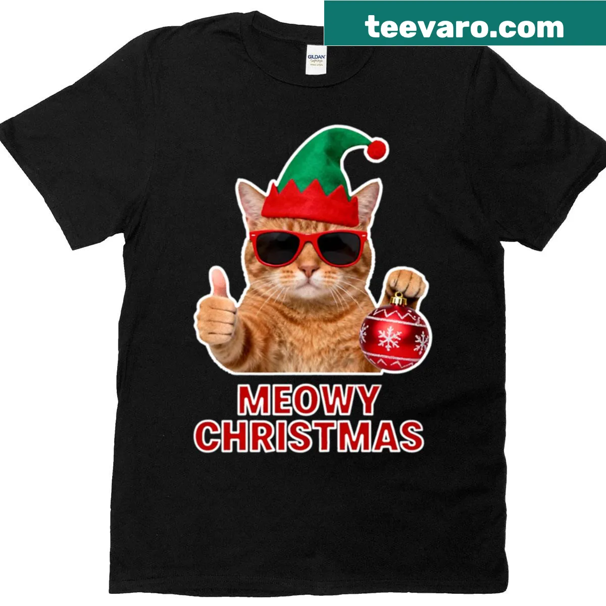 Meowy Christmas t-shirt with a festive cat graphic — on a men's t-shirt
