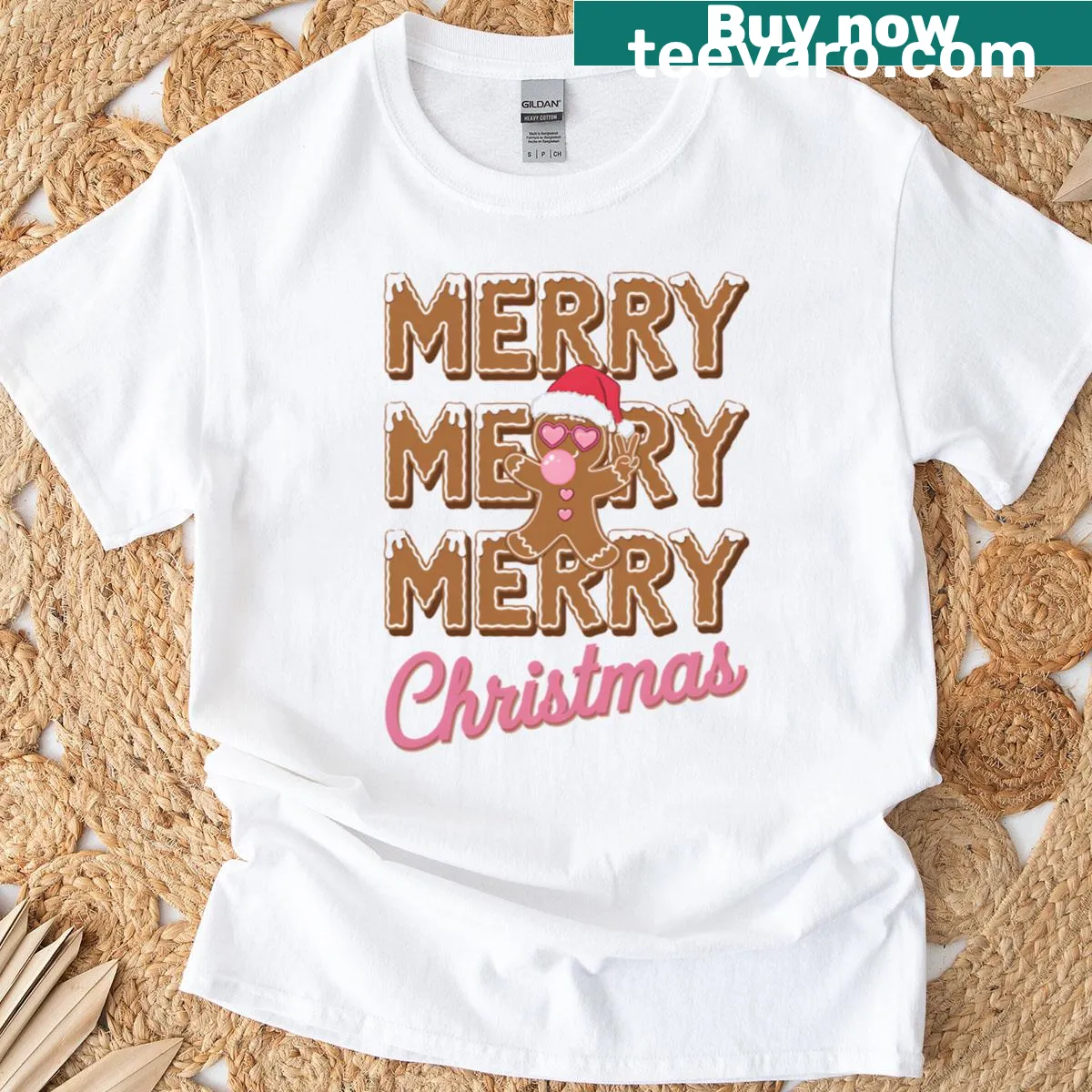 Festive t-shirt with 'Merry Merry Merry Christmas' text — on a men's t-shirt