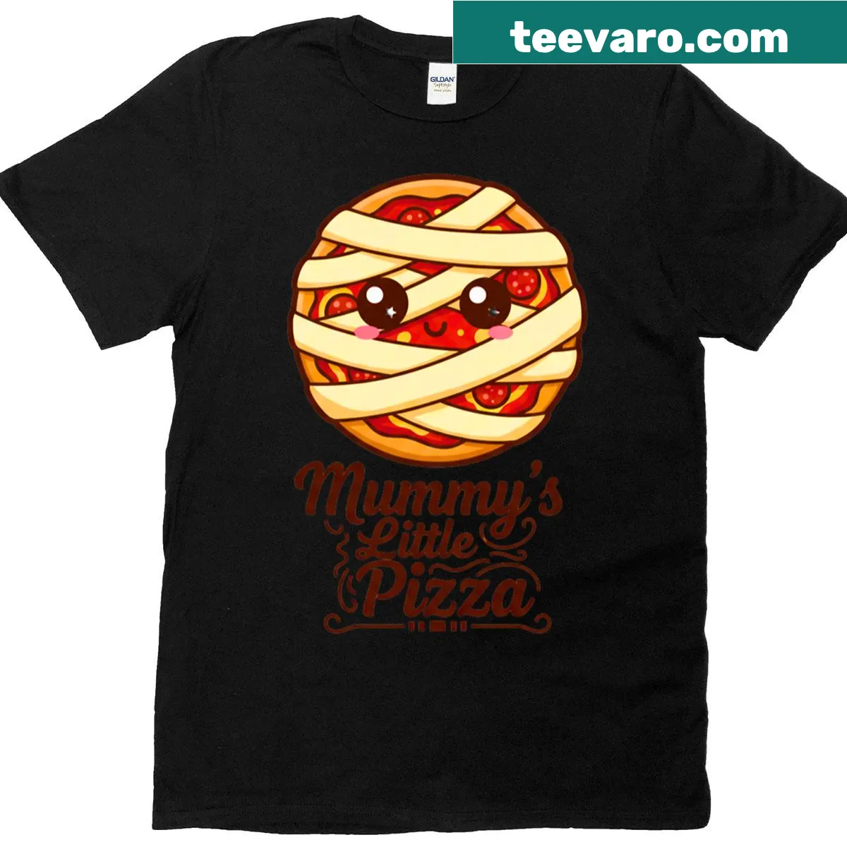 Cute Halloween t-shirt with a mini kawaii mummy and pizza design — on a men's t-shirt