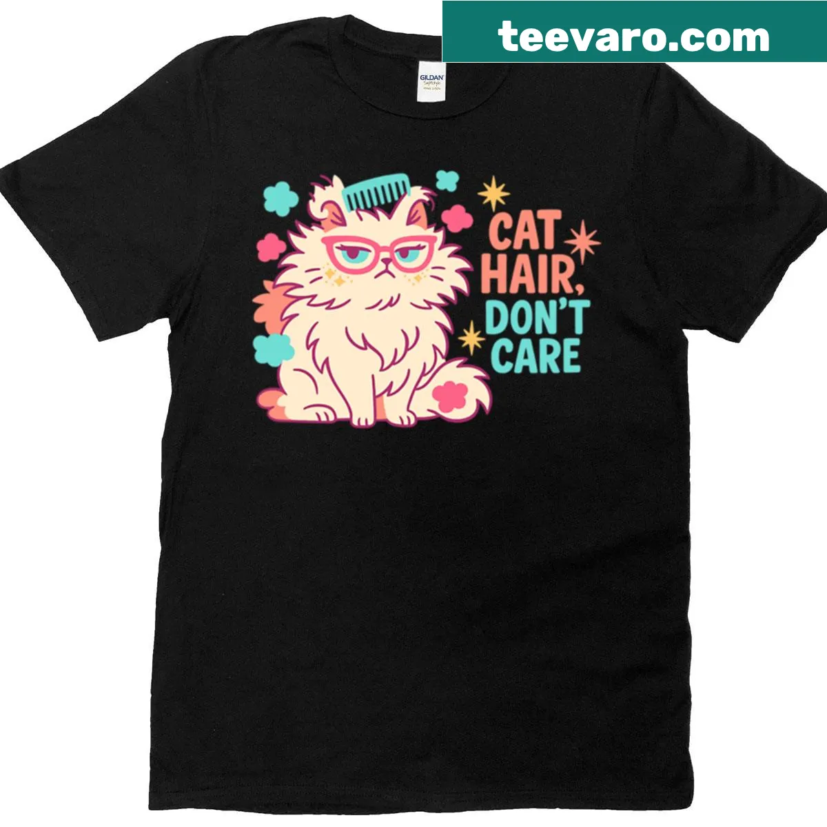 Minimal script Cat Hair Don't Care tee for cat lovers — on a men's t-shirt