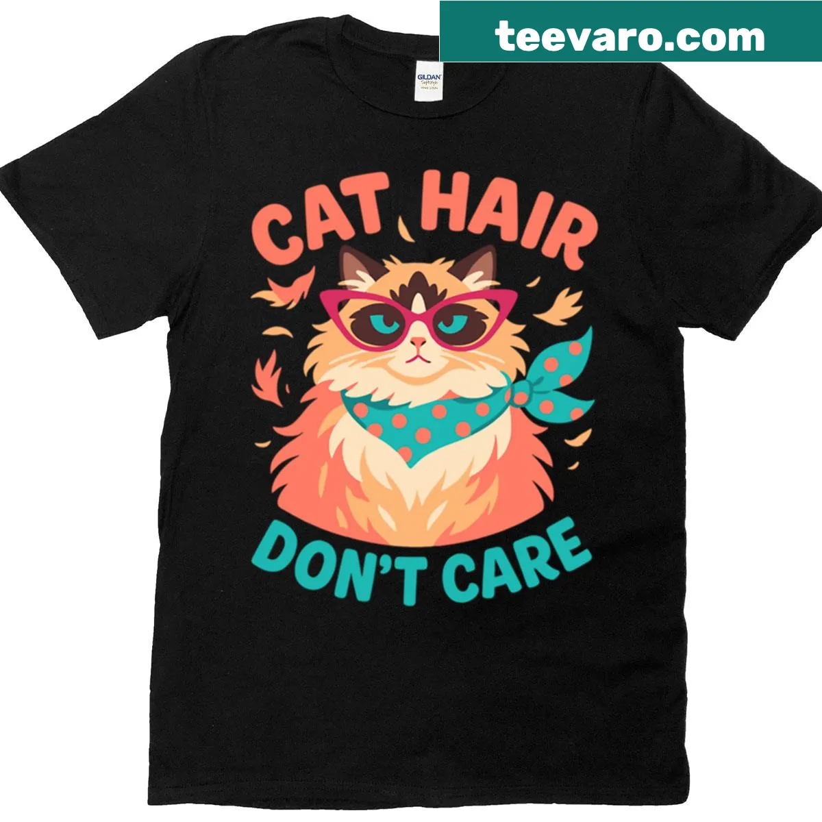 Minimalist T-shirt with the phrase 'Cat Hair Don't Care' in script — on a men's t-shirt