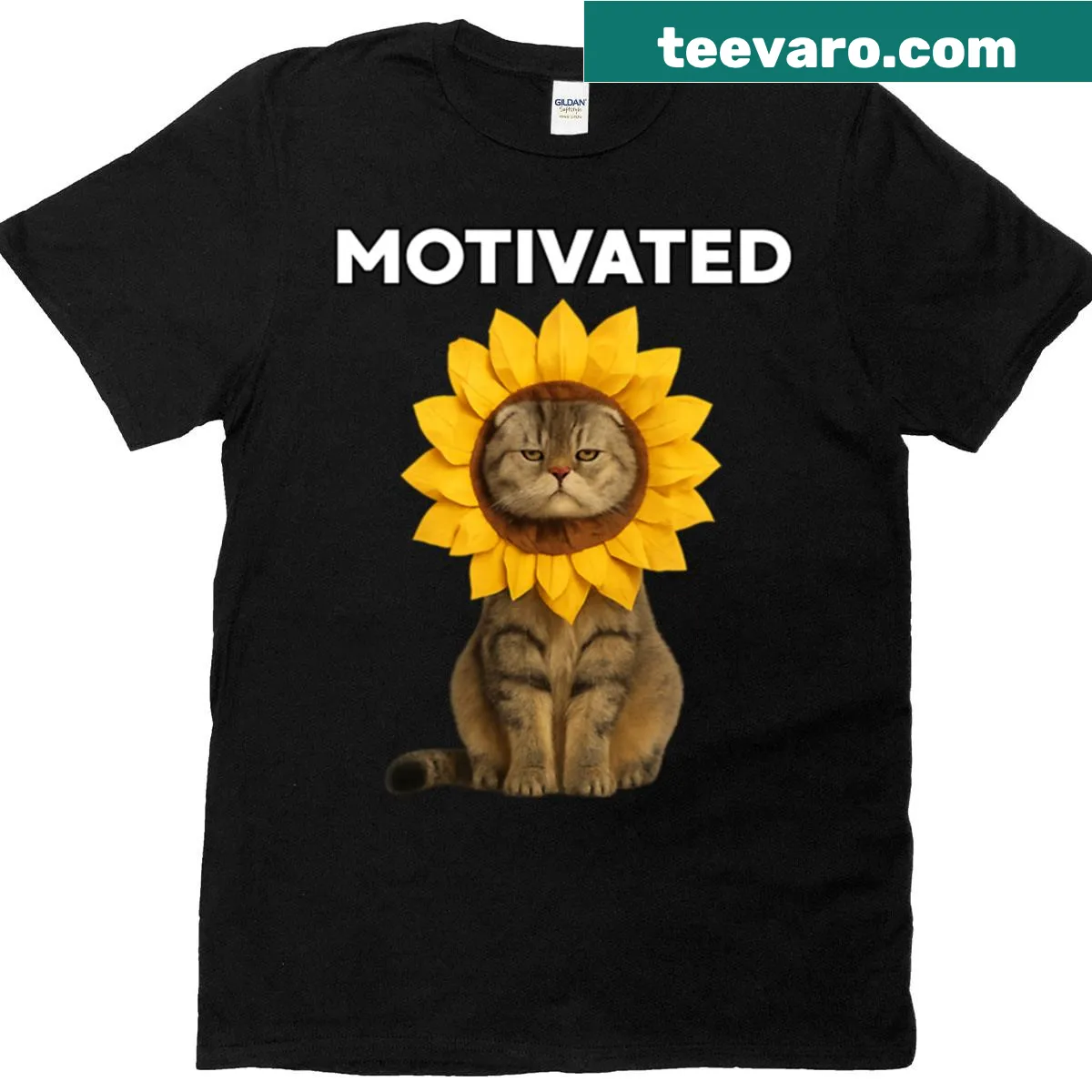 Scottish Fold cat in sunflower illustration t-shirt — on a men's t-shirt