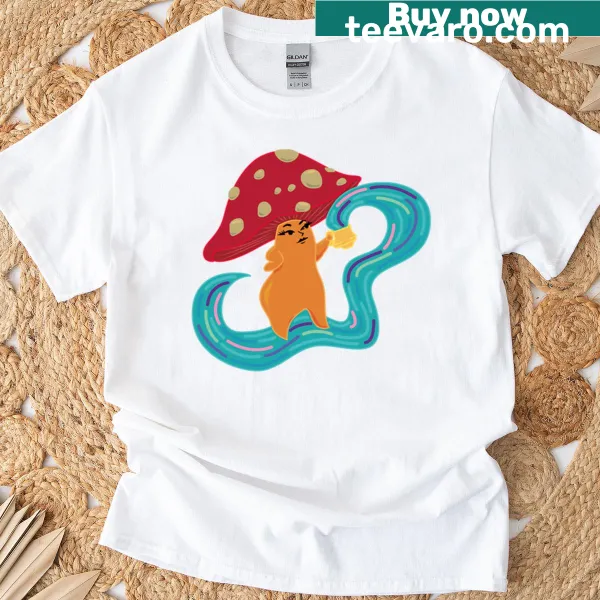 Whimsical T-shirt featuring a mushroom having tea