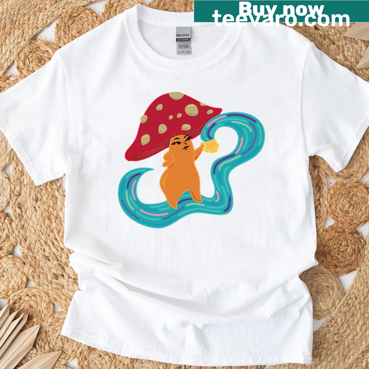 Whimsical T-shirt featuring a mushroom having tea — on a men's t-shirt