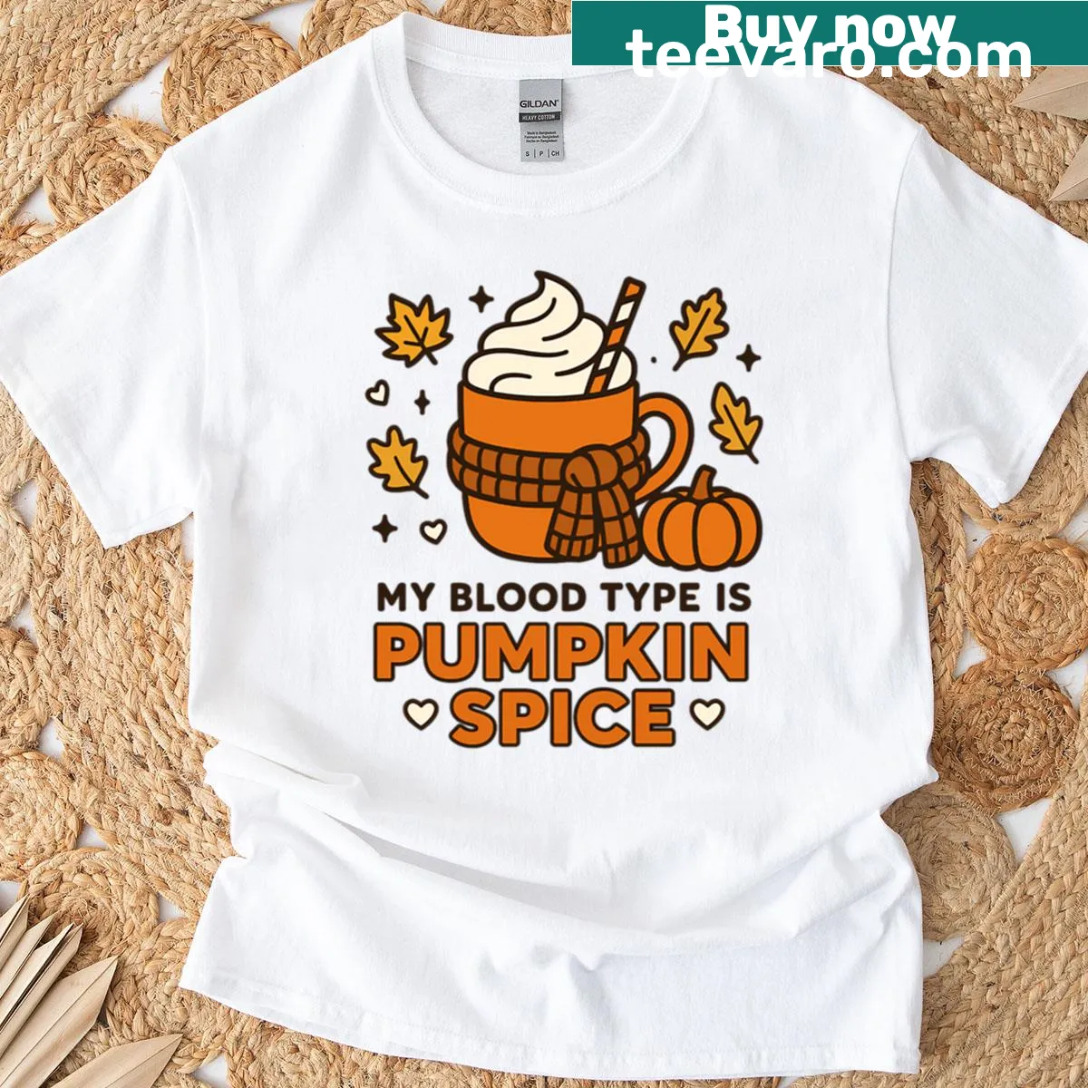 Funny fall-themed t-shirt with pumpkin spice coffee graphic — on a men's t-shirt