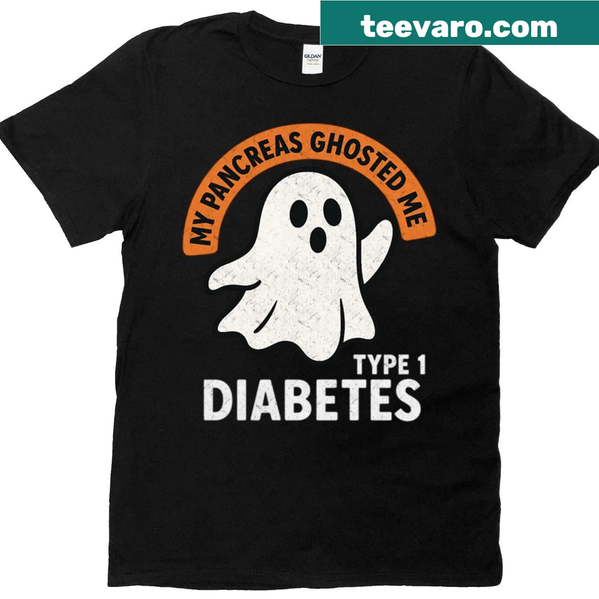 Funny Halloween diabetes T-shirt with pancreas ghost illustration — on a men's t-shirt