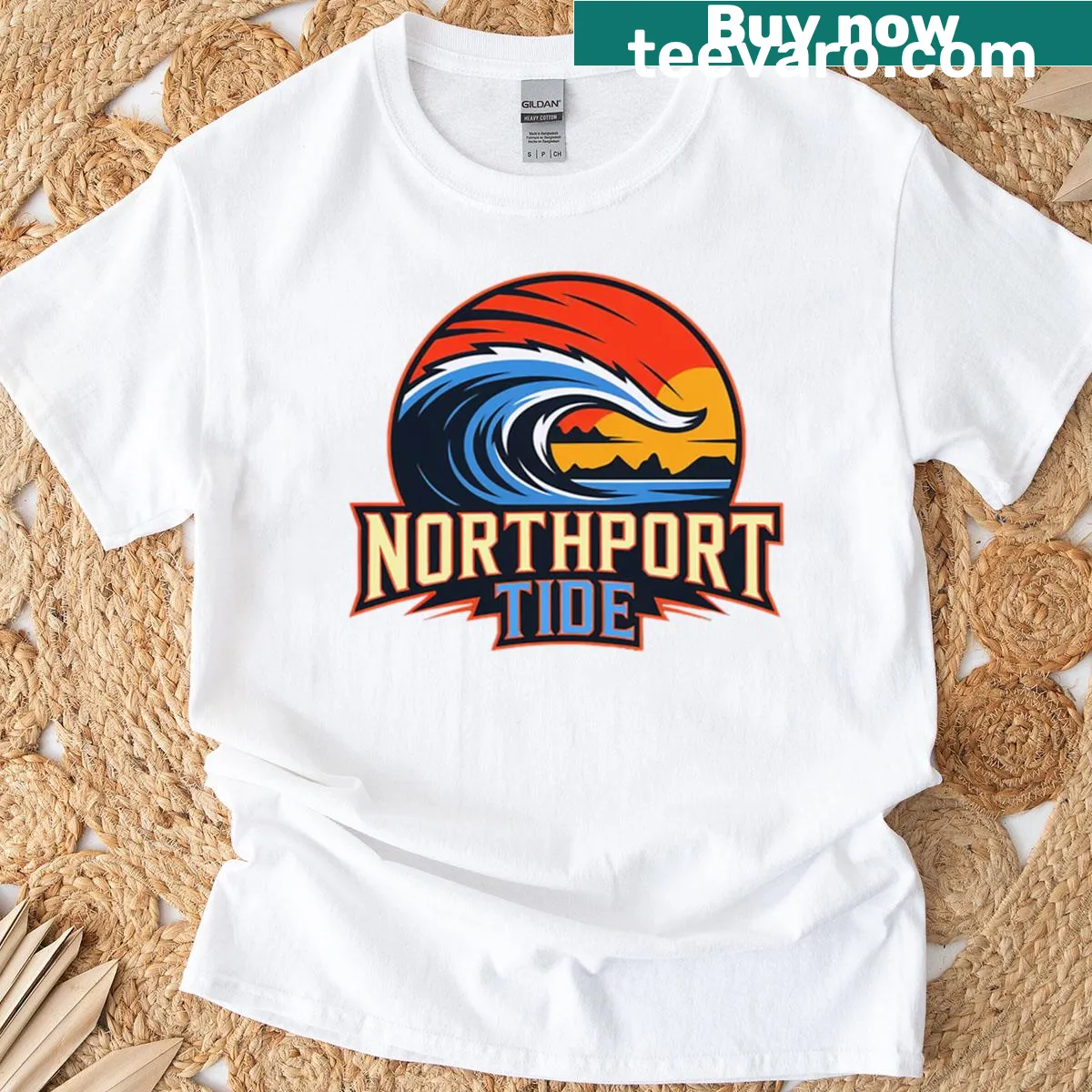 Coastal-themed Northport Tide t-shirt with wave design — on a men's t-shirt