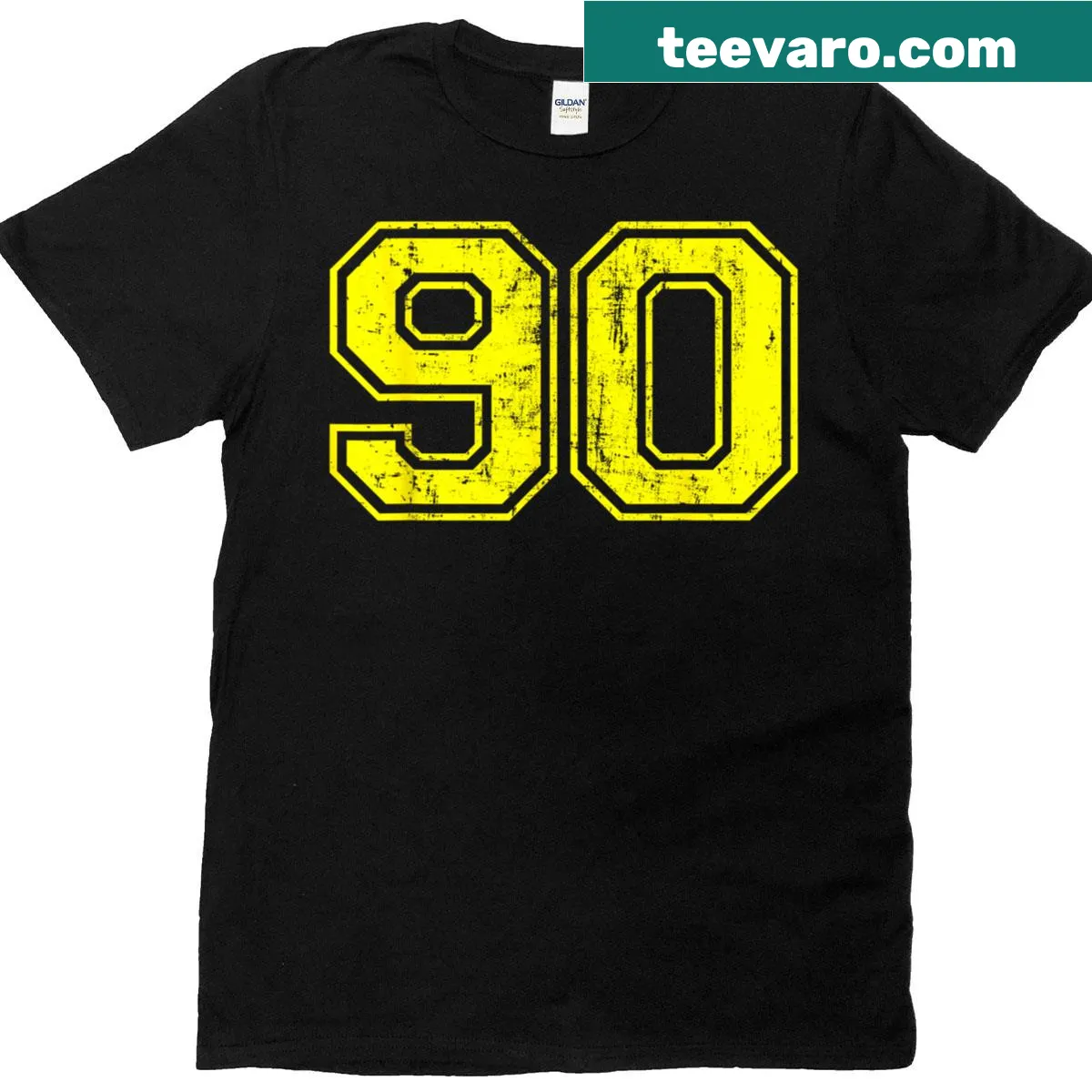 Distressed vintage varsity number 90 graphic on a T-shirt — on a men's t-shirt