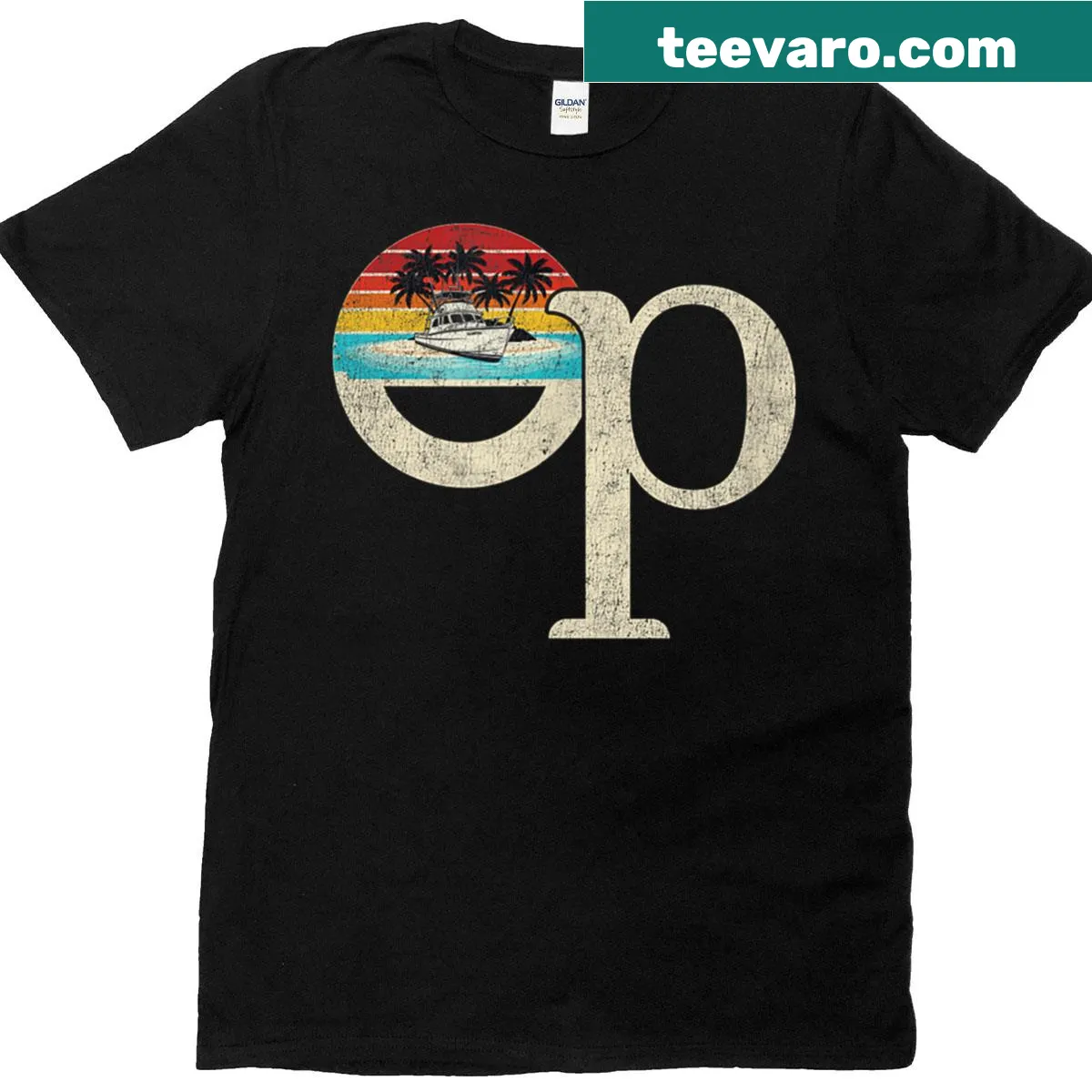 Retro Pacific Ocean beach t-shirt with palm trees and sunset — on a men's t-shirt