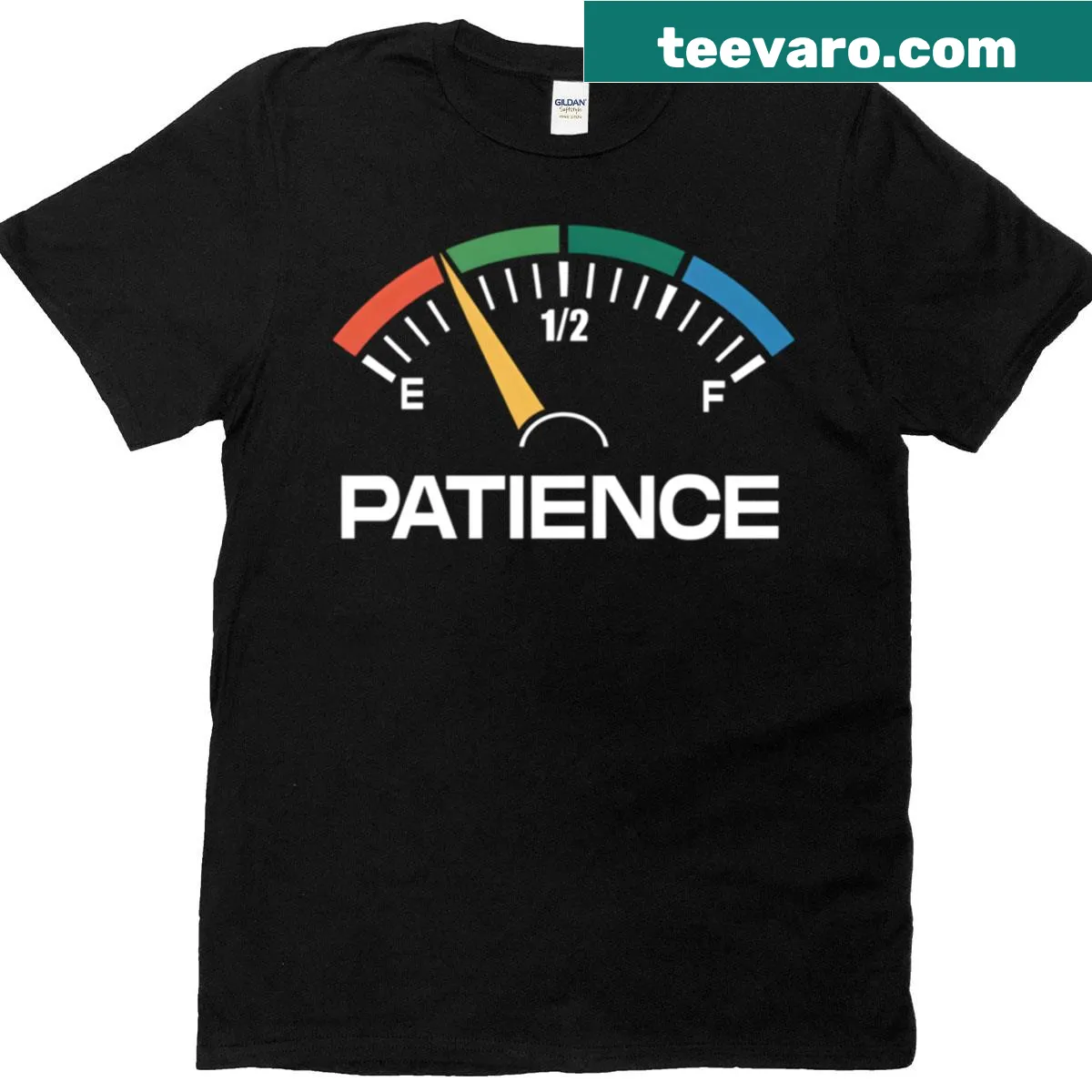 T-shirt with an Out Of Patience gas gauge graphic — on a men's t-shirt