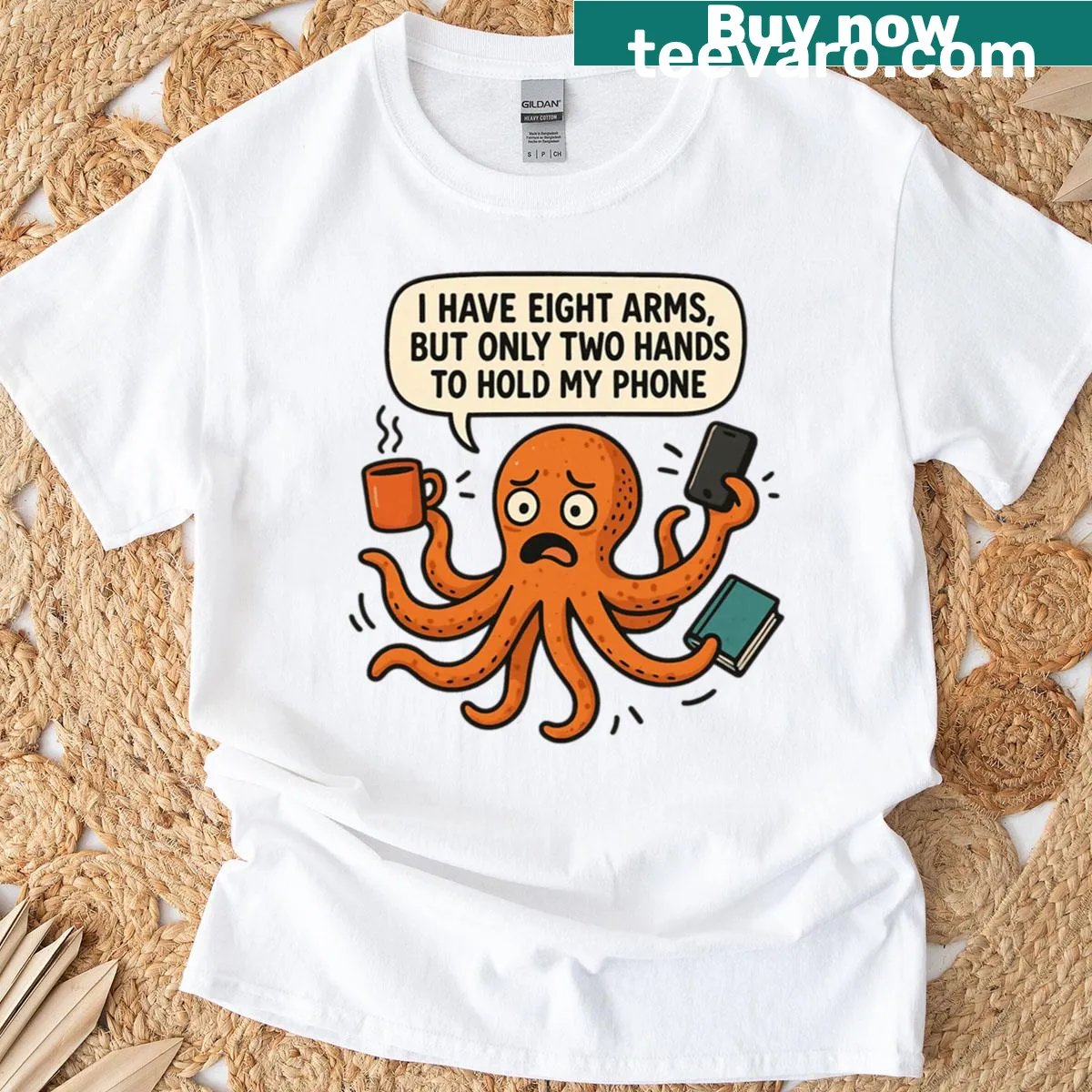 Cute octopus illustration depicting overwhelm on a T-shirt — on a men's t-shirt