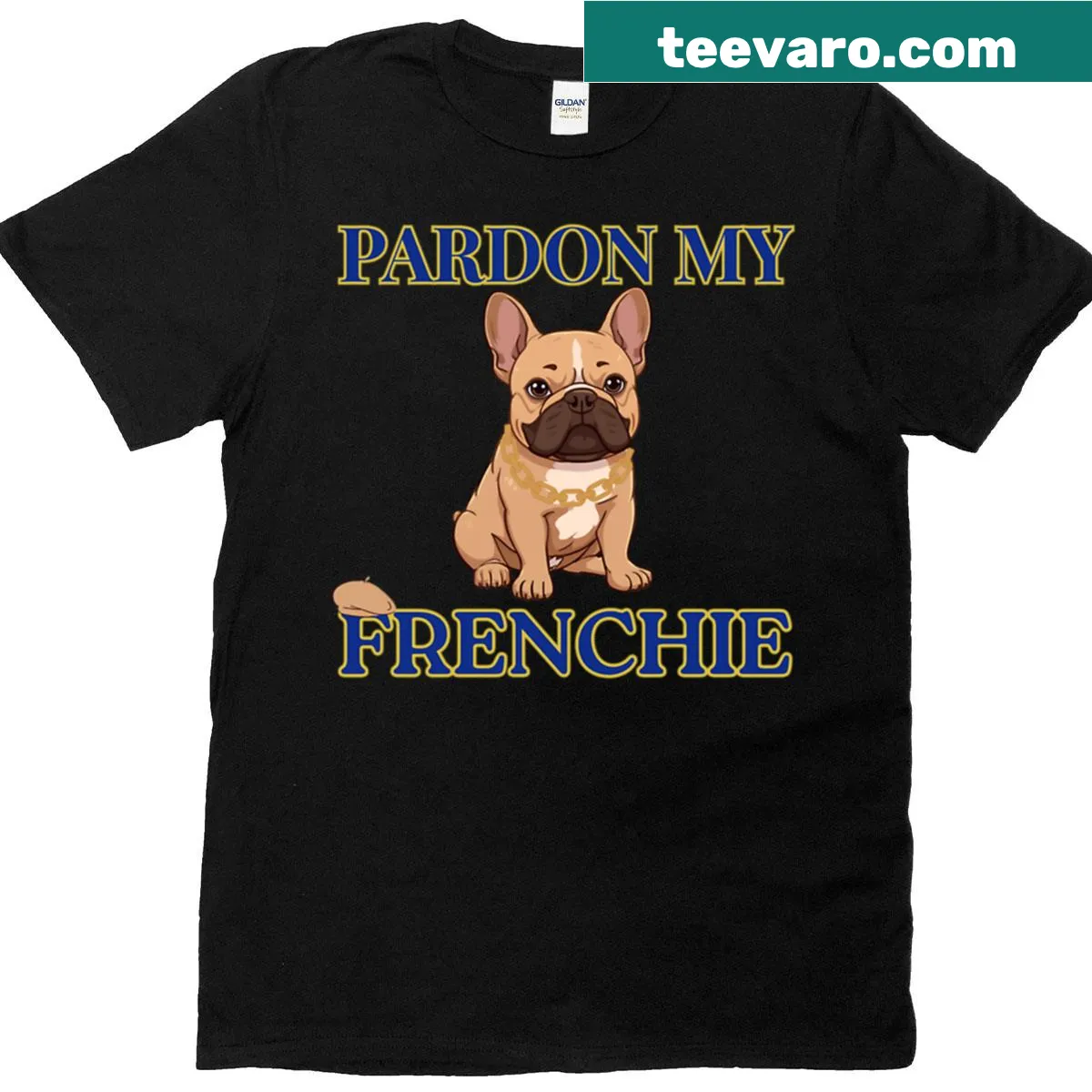 Funny t-shirt with an illustration of a French Bulldog and the phrase Pardon My Frenchie — on a men's t-shirt