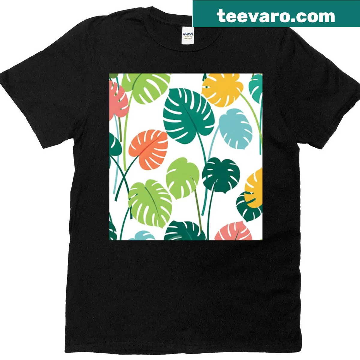 Watercolor pastel monstera leaves design on a t-shirt — on a men's t-shirt
