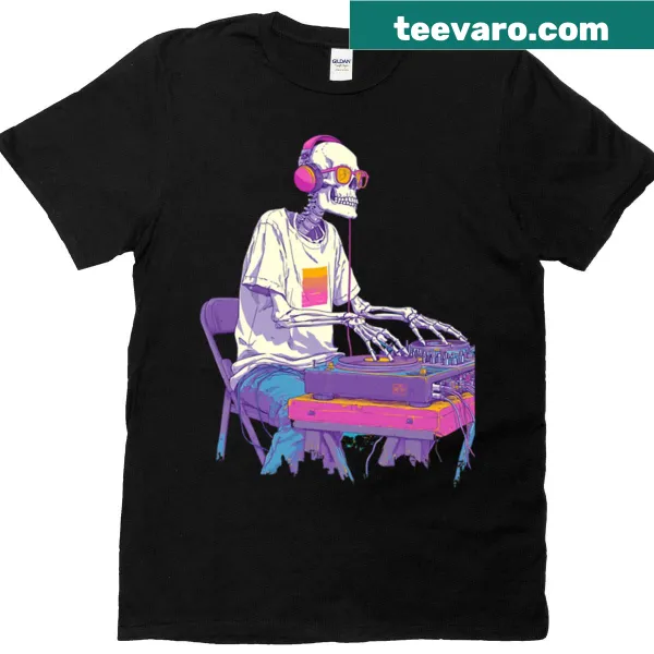 Pastel vaporwave T-shirt featuring a skeleton DJ for Halloween