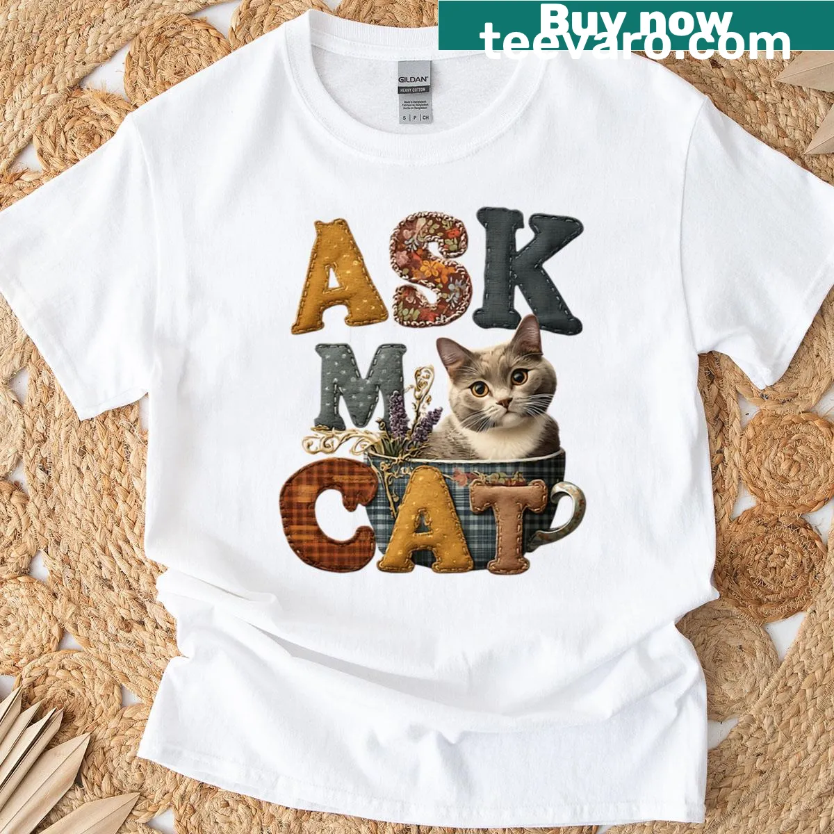 Whimsical Ask My Cat graphic on a tee for cat lovers — on a men's t-shirt