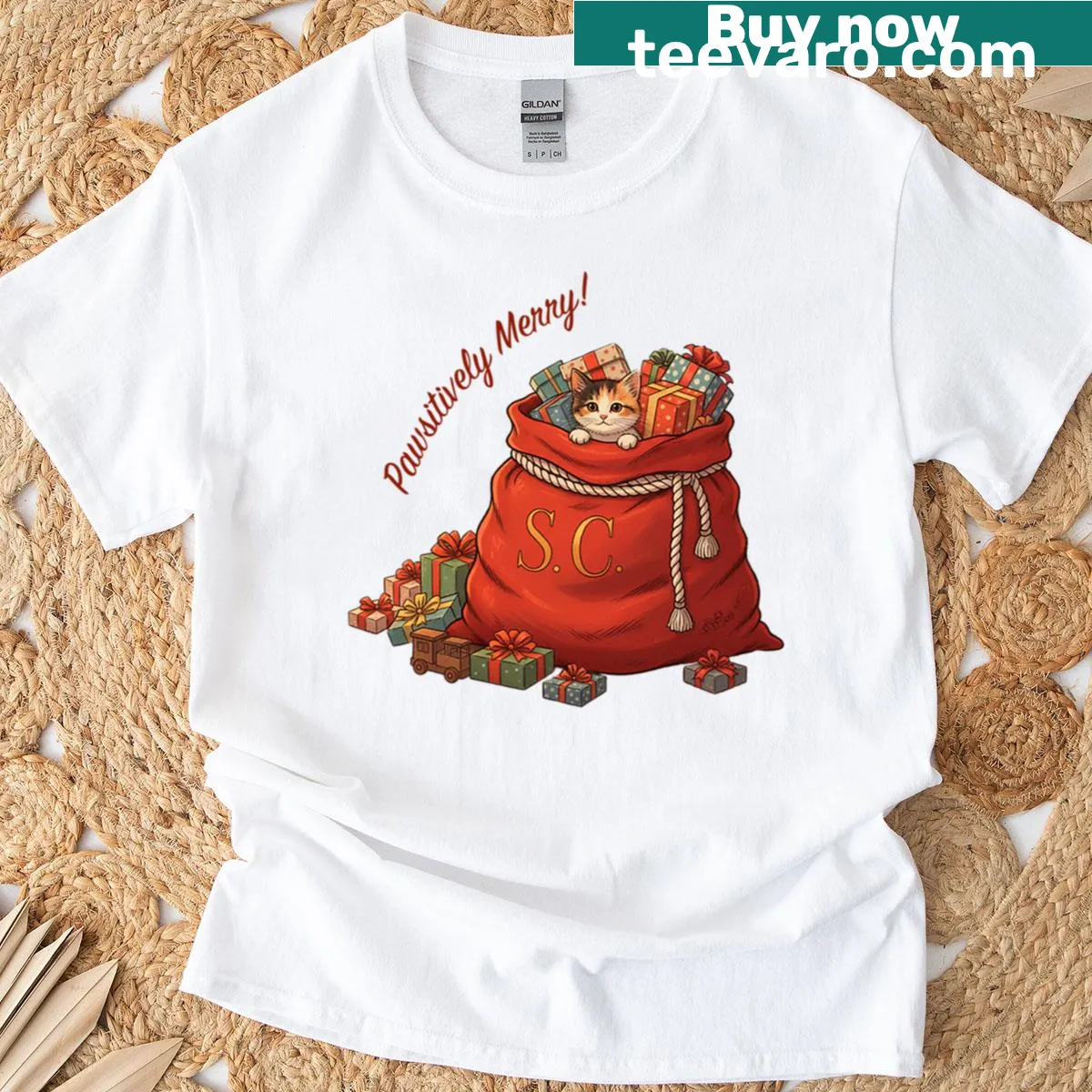 Vintage illustration of a cat in a Santa gift bag, festive design — on a men's t-shirt