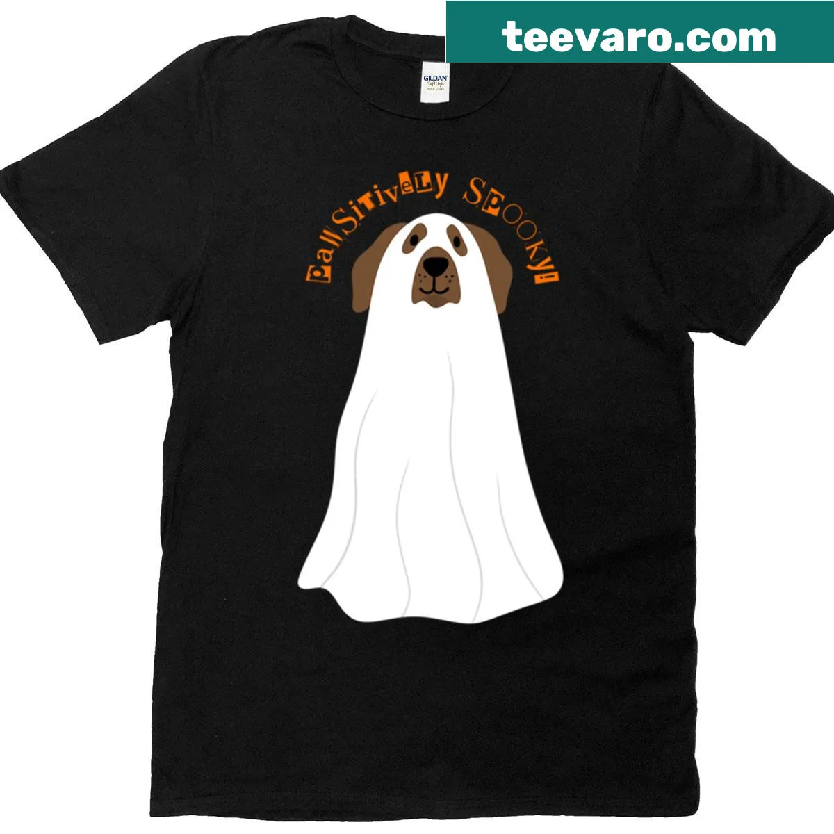 Funny cartoon design of a dog in a ghost costume — on a men's t-shirt