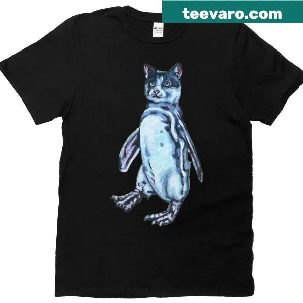 Graphic T-shirt featuring a playful penguin with a cat-like expression