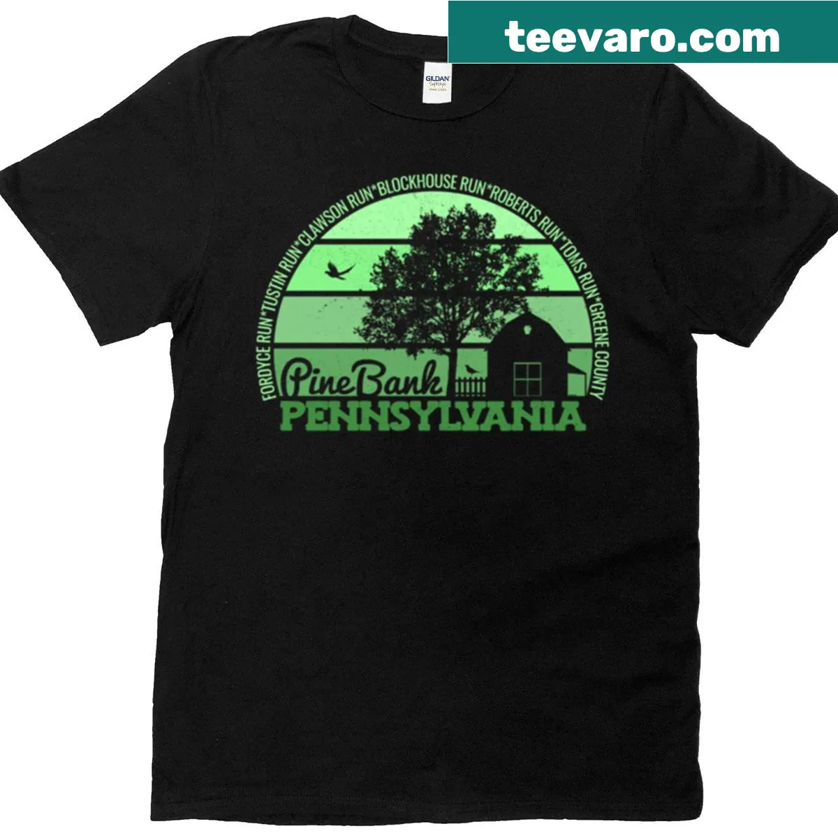 Vintage logo T-shirt featuring Pine Bank, Pennsylvania sunset — on a men's t-shirt