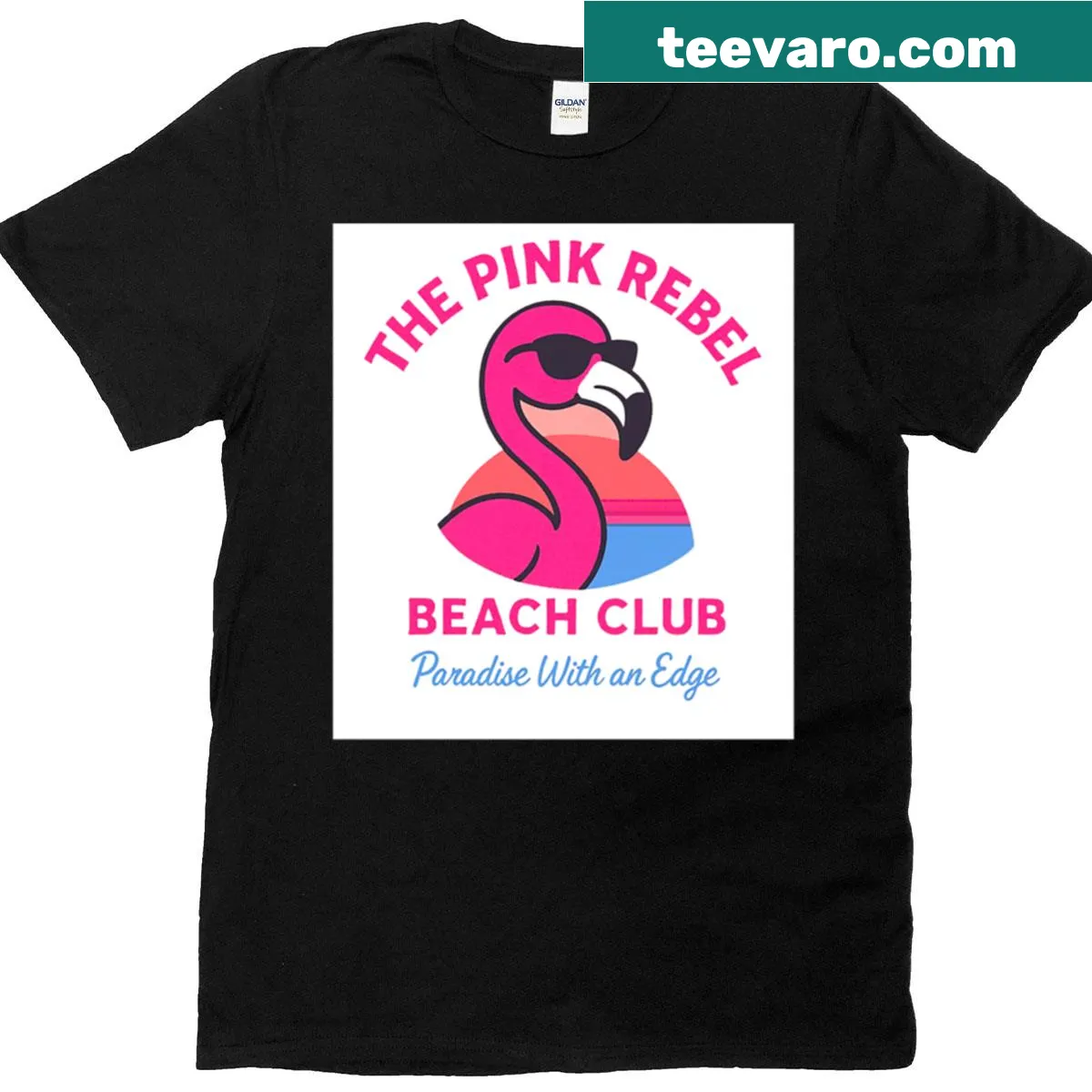 Illustrated t-shirt featuring a pink flamingo and sunset design — on a men's t-shirt