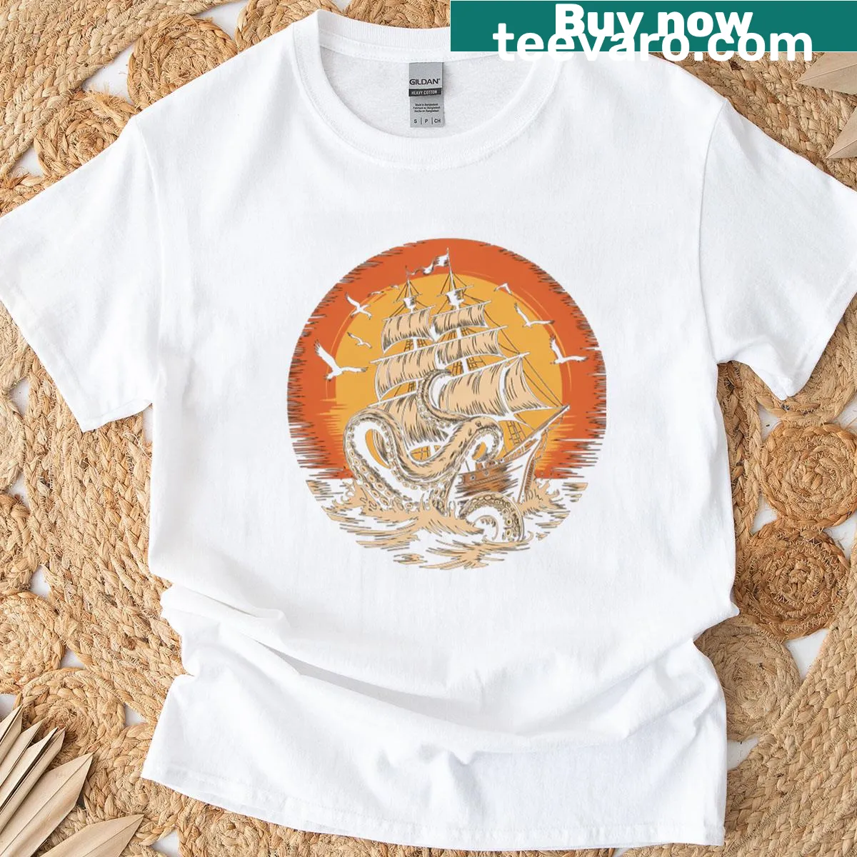 Illustration of a pirate ship battling a giant octopus on a T-shirt — on a men's t-shirt