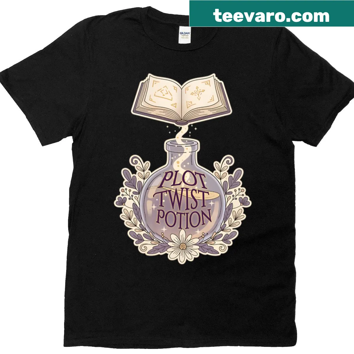 Magical potion bottle illustration with 'Plot Twist' text for book lovers — on a men's t-shirt